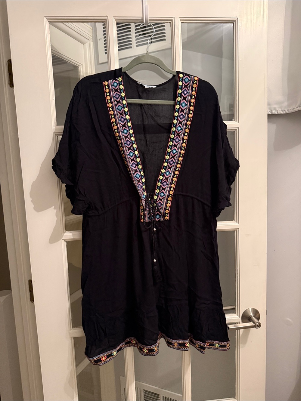 blue island Black Swim Coverup with Multicolor Embroidered Trim